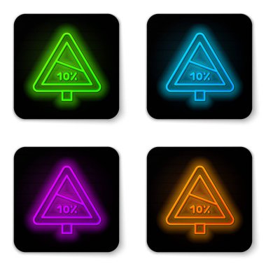 Parlayan neon hattı dik tırmanış ve dik iniş yolu simgesi beyaz arka planda izole edildi. Trafik kuralları ve güvenli sürüş. Siyah kare düğme. Vektör