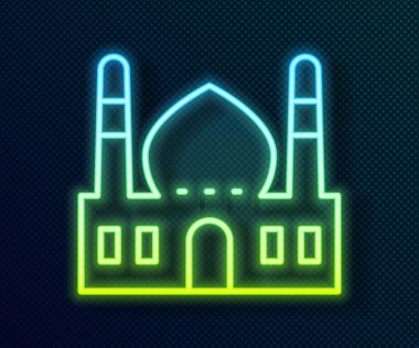 Parlayan neon hattı Müslüman cami simgesi siyah arka planda izole edildi. Vektör