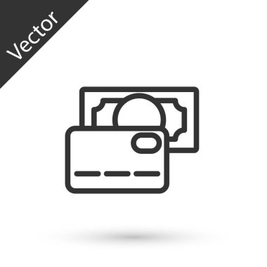 Gri çizgi kredi kartı simgesi beyaz arkaplanda izole edildi. Çevrimiçi ödeme. Nakit çekilmesi. Finansal operasyonlar. Alışveriş tabelası. Vektör