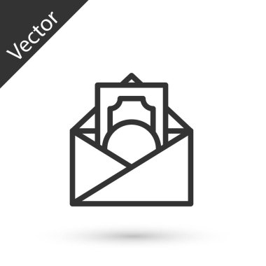 Beyaz arka planda izole edilmiş bozuk para dolar sembollü gri çizgi zarfı. Maaş zammı, maaş bordrosu, tazminat geliri. Vektör