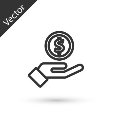 Gri çizgi insan eli beyaz arka planda izole edilmiş para ikonu veriyor. Para ikonu alınıyor. Vektör