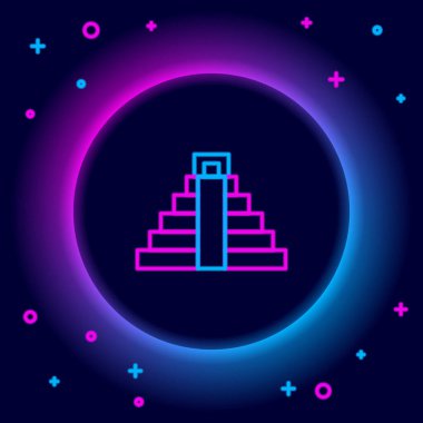 Maya ikonunda parlayan neon hattı Chichen Itza siyah arka planda izole edildi. Antik Maya piramidi. Meksika 'nın ünlü anıtı. Renkli taslak konsepti. Vektör