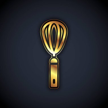 Altın Mutfak çırpma simgesi siyah arkaplanda izole edildi. Mutfak aletleri, yumurta çırpıcı. Çatal bıçak seti. Yemek karışımı sembolü. Vektör