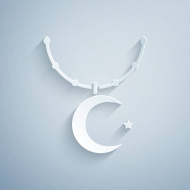 Kağıt kesiği Yıldız ve hilal zinciri. Gri arkaplanda izole edilmiş İslam simgesi. Din sembolü. Kağıt sanatı tarzı. Vektör