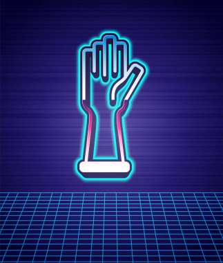 Retro stili lastik eldiven ikonu fütüristik manzara arka planını izole etti. Lateks el koruması işareti. Ev işi temizlik ekipmanları sembolü. 80 'lerin moda partisi. Vektör