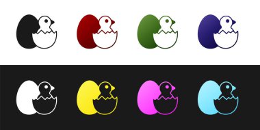 Kırık yumurta ikonundaki küçük civcivi siyah beyaz arka planda izole et. Vektör