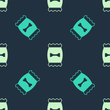 Evcil hayvan ikonu için yeşil ve bej yiyecek torbası mavi arka planda izole edilmiş pürüzsüz desen. Hayvanlar için yiyecek. Köpek kemiği işareti. Hayvan maması paketi. Vektör