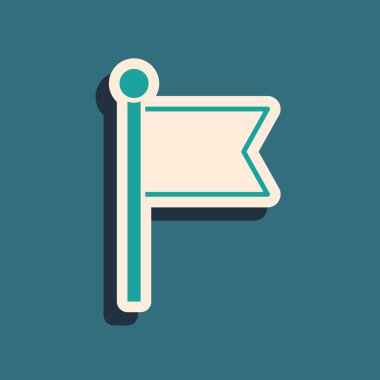 Yeşil Bayrak simgesi yeşil arkaplanda izole edildi. Zafer, kazanmak ve zorluk konseptini fethetmek. Uzun gölge tarzı. Vektör