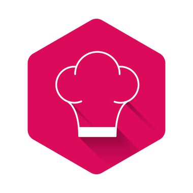 Beyaz Aşçı şapkası simgesi uzun gölgeli. Aşçılık sembolü. Aşçı şapkası. Pembe altıgen düğmesi. Vektör