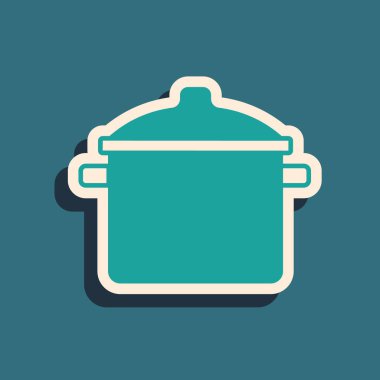 Yeşil tencere simgesi yeşil arka planda izole edildi. Haşlama ya da güveç besin sembolü. Uzun gölge tarzı. Vektör