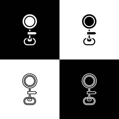 Trafik işaretini ayarla. Siyah ve beyaz arkaplanda sinyal simgesi izole edildi. İşaretçi sembolü. İzole sokak bilgi levhası. Yön tabelası. Vektör