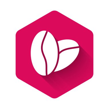 Beyaz kahve çekirdeği ikonu uzun gölgeli bir arka plan. Pembe altıgen düğmesi. Vektör