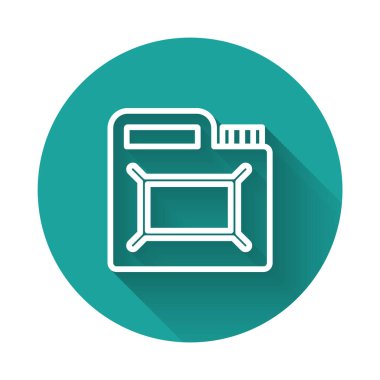 Motor makine yağı ikonu için beyaz çizgi kutusu uzun gölge arkaplanı ile izole edilmiş. Benzin bidonu. Yağ değiştirme ve onarım servisi. Motor yağı işareti. Yeşil daire düğmesi. Vektör