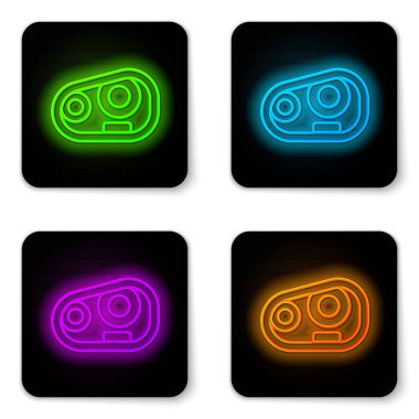 Işıldayan neon çizgili araba far ikonu beyaz arka planda izole edildi. Siyah kare düğme. Vektör