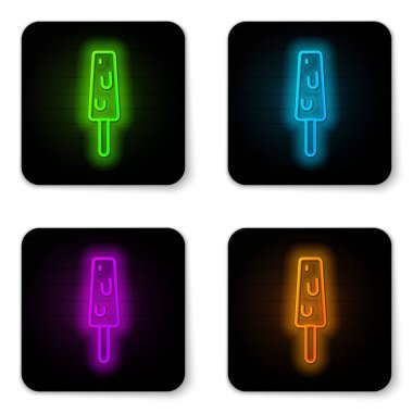 Parlayan neon hattı beyaz arka planda izole edilmiş çubuk ikonunda dondurma. Güzel sembol. Siyah kare düğme. Vektör