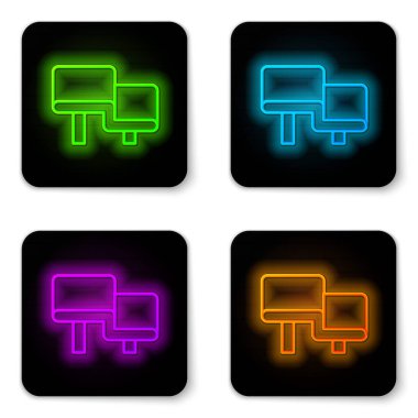 Parlayan neon hattı sauna ahşap ikonu beyaz arka planda izole edildi. Siyah kare düğme. Vektör