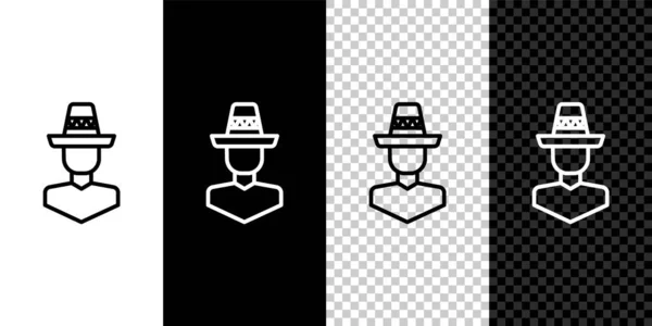 Set line Mexican man wearing sombrero icon isolated on black and white,transparent background. Hispanic man with a mustache.  Vector