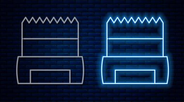 Glowing neon line Hygienic dog bag with poop icon isolated on brick wall background. Dog shit in bag. Cleaning the park after walking pets concept.  Vector