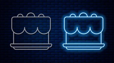 Parlayan neon hattı pasta simgesi tuğla duvar arkasında izole edildi. Doğum günün kutlu olsun. Vektör