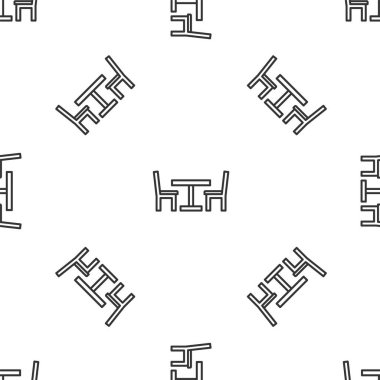 Sandalye simgesi olan gri çizgili tahta masa beyaz arka planda izole edilmiş kusursuz desen. Sokak kafesi. Vektör