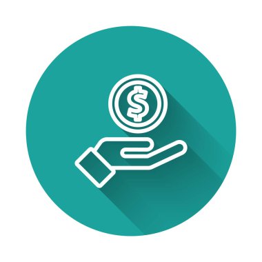 Beyaz çizgi insan eli, uzun gölgeli para ikonu veriyor. Para ikonu alınıyor. Yeşil daire düğmesi. Vektör