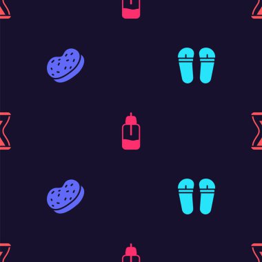 Parmak arası terlikleri, banyo süngeri, gerekli yağ şişesi ve sauna kum saatini pürüzsüz desene ayarlayın. Vektör