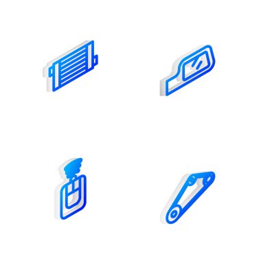 Isometric hattı araba aynası, radyatör soğutma sistemi, uzaktan kumandalı anahtar ve zamanlama kemer kiti ikonu. Vektör