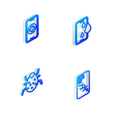 Isometric hattını, su geçirmez telefonu, telefon tamir servisini, sistem hatasını ve mobil ekranı bozuk olan simgeyi ayarla. Vektör