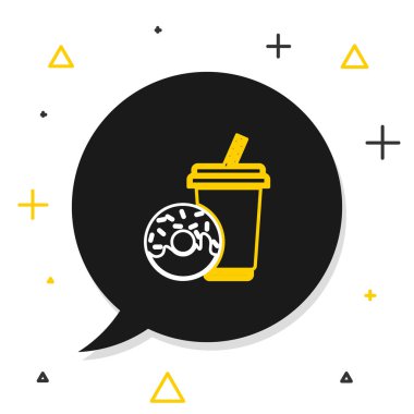 Beyaz arka planda izole edilmiş, saman ve çörek ikonuyla meşrubat içiyorum. Fast food sembolü. Renkli taslak konsepti. Vektör