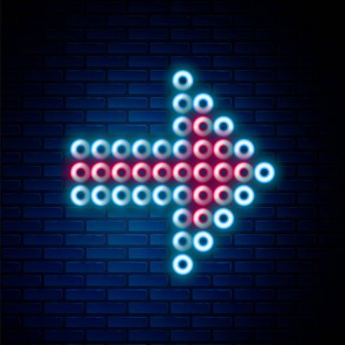 Parlayan neon çizgisi, tuğla duvar arka planında izole edilmiş ok simgesi. Yarım tonluk ok. Noktalı ok işareti. Renkli taslak konsepti. Vektör