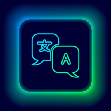 Parlayan neon hattı tercüman simgesi siyah arkaplanda izole edildi. Sohbet balonunda yabancı dil konuşma simgeleri. Çeviri konsepti. Renkli taslak konsepti. Vektör