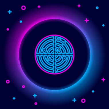 Siyah arkaplanda izole edilmiş bir simge arayışında hedefleri olan parlak neon hattı Radar. Askeri arama sistemi. Donanma sonarı. Renkli taslak konsepti. Vektör