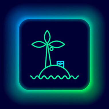 Okyanus simgesinde parlayan neon hattı siyah arka planda izole edilmiş tropikal ada. Okyanus ve palmiyelerle kaplı bir manzara. Seyahat et. Renkli taslak konsepti. Vektör