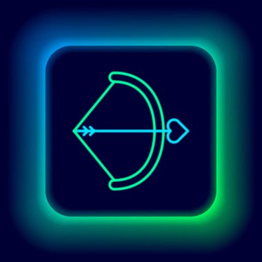 Parlayan neon çizgisi ok ve yay simgesi siyah arkaplanda izole edildi. Aşk tanrısı sembolü. Aşk işareti. Sevgililer Günü konsepti. Renkli taslak konsepti. Vektör