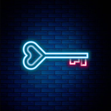 Parlayan neon hattı, kalp şeklindeki anahtar, tuğla duvar arka planında izole edilmiş. Sevgililer Günü sembolü. Renkli taslak konsepti. Vektör