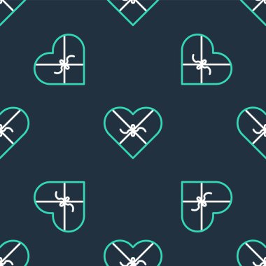 Çizgi Şekeri kalp şeklinde bir kutu ve yay şeklinde simge siyah arka planda izole edilmiş kusursuz desen. Sevgililer Günü. Vektör