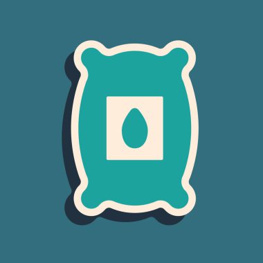 Yeşil arka planda izole edilmiş özel bir bitki simgesinin tohumlarıyla dolu yeşil paket. Uzun gölge tarzı. Vektör