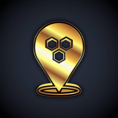 Altın bal arısı konumu haritası pin imleci simgesi siyah arkaplanda izole edildi. Çiftlik hayvanı haritası işaretçisi. Vektör