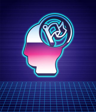 Retro stil Hand bayrak simgesini tutarken fütüristik peyzaj arka planı izole edildi. Zafer, kazanmak ve zorluk konseptini fethetmek. 80 'lerin moda partisi. Vektör