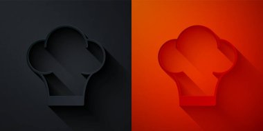 Kağıt kesiği Şef şapkası simgesi siyah ve kırmızı arka planda izole edilmiş. Aşçılık sembolü. Aşçı şapkası. Kağıt sanatı tarzı. Vektör