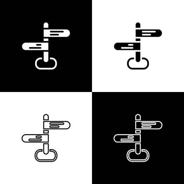 Trafik işaretini ayarla. Siyah ve beyaz arkaplanda sinyal simgesi izole edildi. İşaretçi sembolü. İzole sokak bilgi levhası. Yön tabelası. Vektör