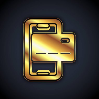 Altın Mobil bankacılık simgesi siyah arkaplanda izole edildi. Cep telefonu ekranına cep telefonu bankacılığı yoluyla para aktar. Vektör