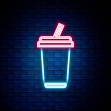 Duvarda izole edilmiş su ikonu olan parlak neon çizgili cam. Soda bardağı ve pipet içmek. Taze soğuk içecek sembolü. Renkli taslak konsepti. Vektör