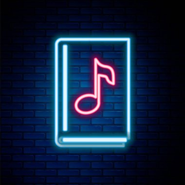 Parlayan neon hattı ses kitabı simgesi tuğla duvar arka planında izole edildi. Kitaplı müzikal nota. Ses rehberi işareti. Çevrimiçi öğrenme kavramı. Renkli taslak konsepti. Vektör