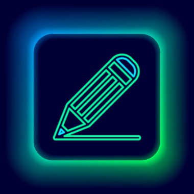 Parlayan neon hattı kalem ve çizgi simgesi siyah arkaplanda izole edildi. Eğitim işareti. Çizim ve eğitim araçları. Okul sembolü. Renkli taslak konsepti. Vektör