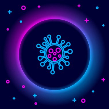 Parlayan neon hattı bakteri simgesi siyah arkaplanda izole edildi. Bakteriler ve mikroorganizmalar, sebep olan mikroorganizma hastalıkları, hücre kanseri, mikrop, virüs, mantar. Renkli taslak konsepti. Vektör