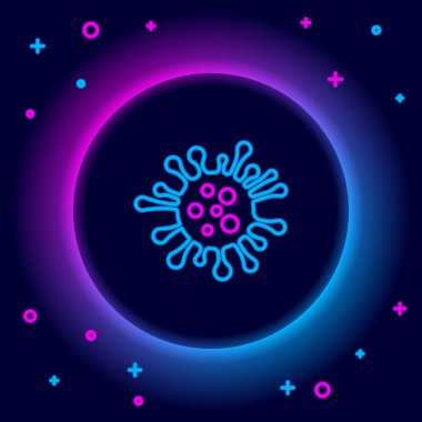 Parlayan neon hattı bakteri simgesi siyah arkaplanda izole edildi. Bakteriler ve mikroorganizmalar, sebep olan mikroorganizma hastalıkları, hücre kanseri, mikrop, virüs, mantar. Renkli taslak konsepti. Vektör