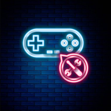 Duvarda izole edilmiş, tornavida ve anahtar ikonu olan parlak neon çizgili Gamepad. Ayarlama, servis, ayar, bakım, onarım, onarım. Renkli taslak konsepti. Vektör