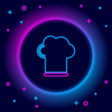 Parlayan neon hattı Şef şapkası simgesi siyah arkaplanda izole edildi. Aşçılık sembolü. Aşçı şapkası. Renkli taslak konsepti. Vektör
