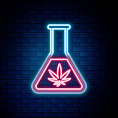 Duvarda marihuana ya da kenevir yaprağı ikonu bulunan parlak neon hattı test tüpü. Araştırma konsepti. Laboratuvar CBD yağ konsepti. Renkli taslak konsepti. Vektör